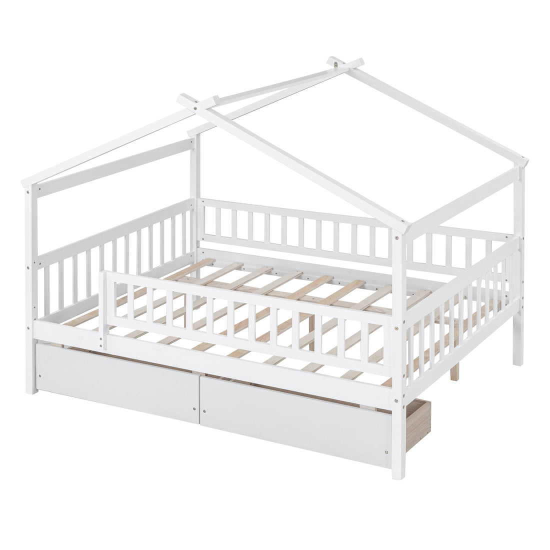 Full Size Wooden House Bed with Two Drawers