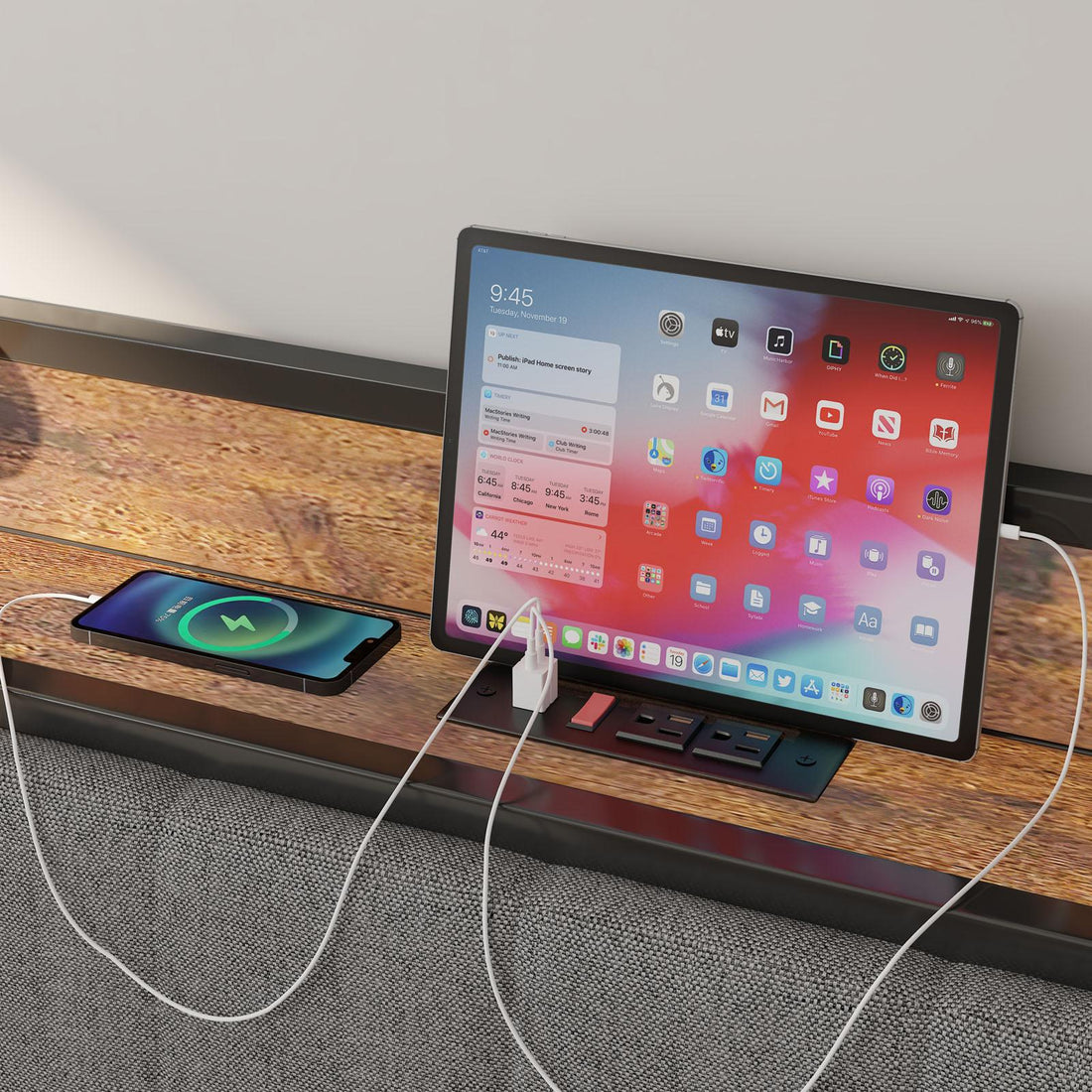 Queen-Size，Full metal bed frame with charging port at the head of the bed.