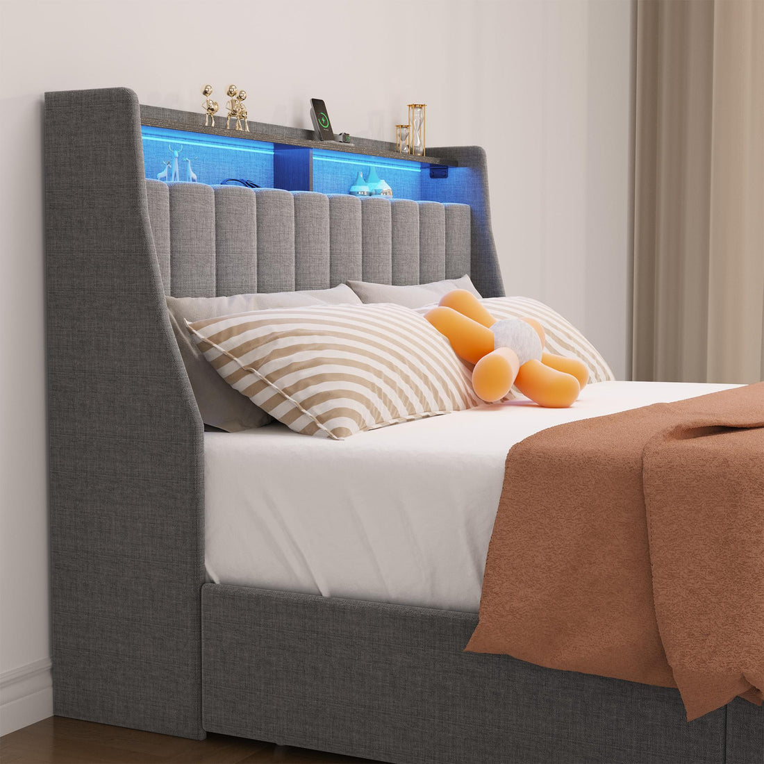 Queen size LED bed frame with winged headboard design for extra storage space
