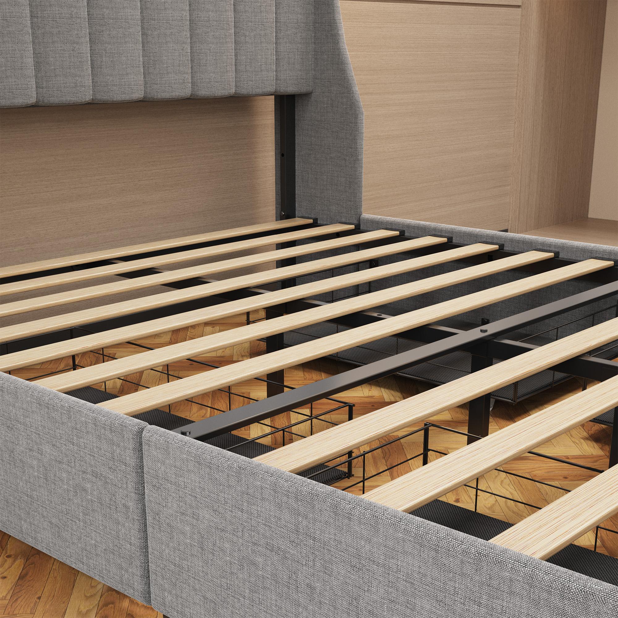 Queen size LED bed frame with winged headboard design for extra storage space