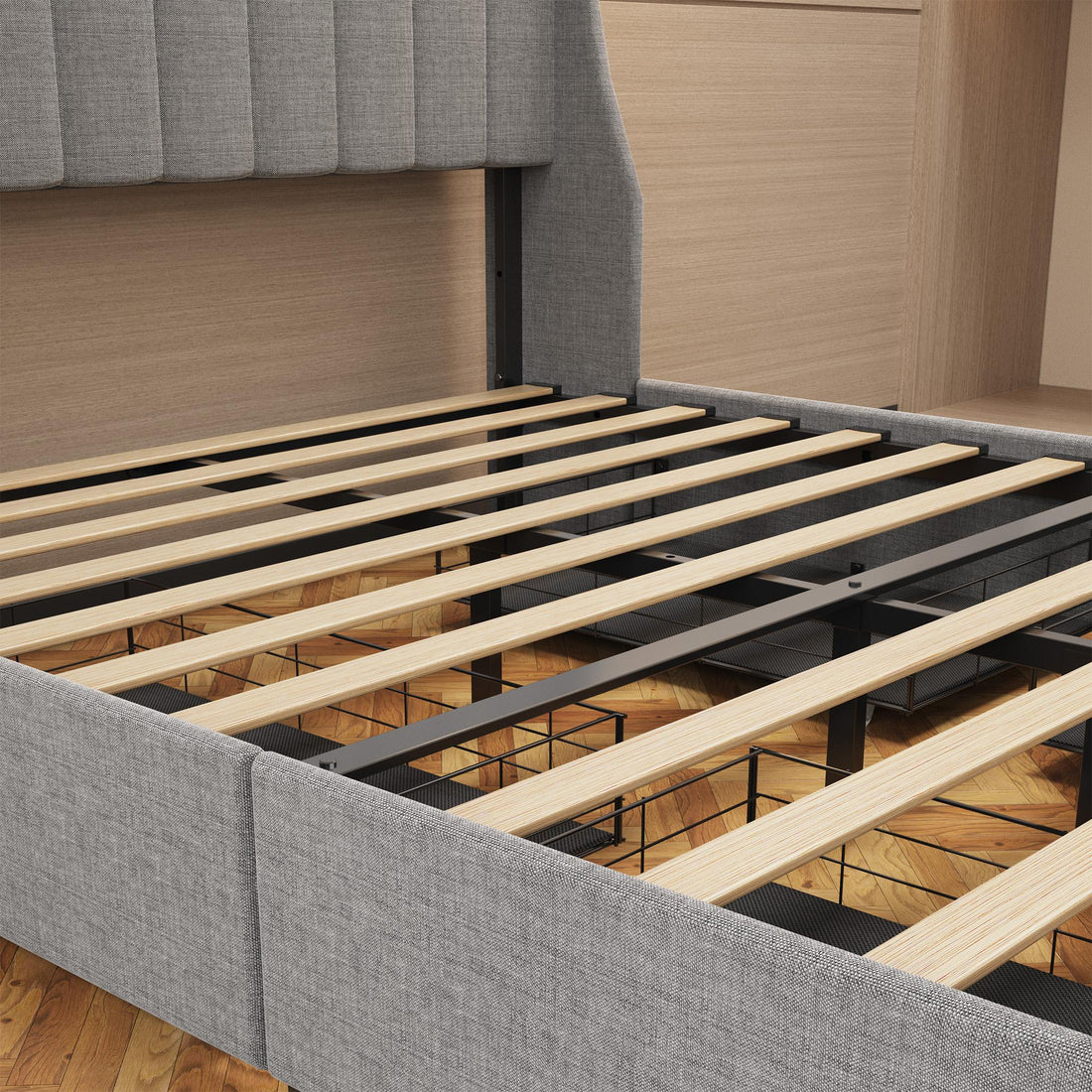 Queen size LED bed frame with winged headboard design for extra storage space