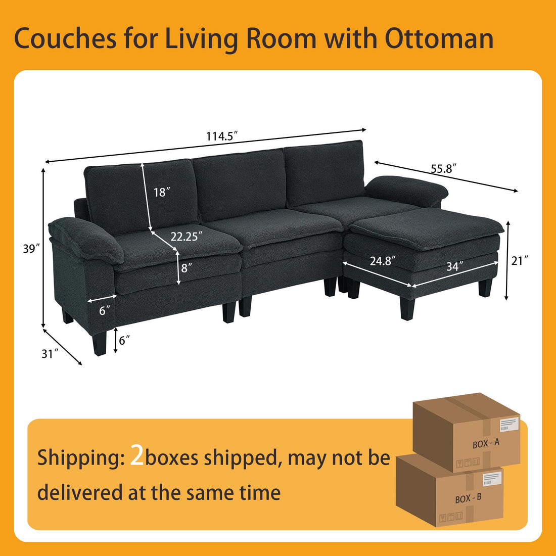 3-Seater Modular Sofa with Ottoman - Teddy Velvet, Solid Wood & Spring Cushion, Double-Layered Seat for Living Room