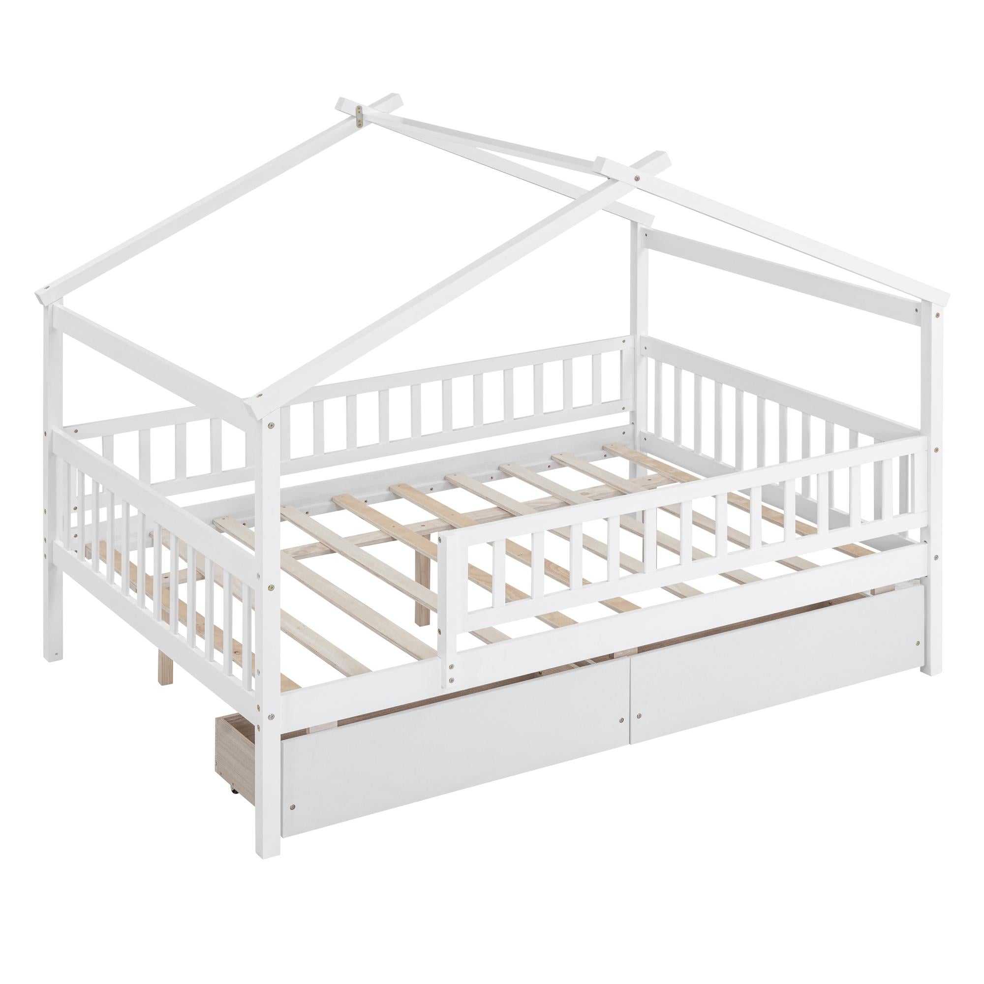 Full Size Wooden House Bed with Two Drawers