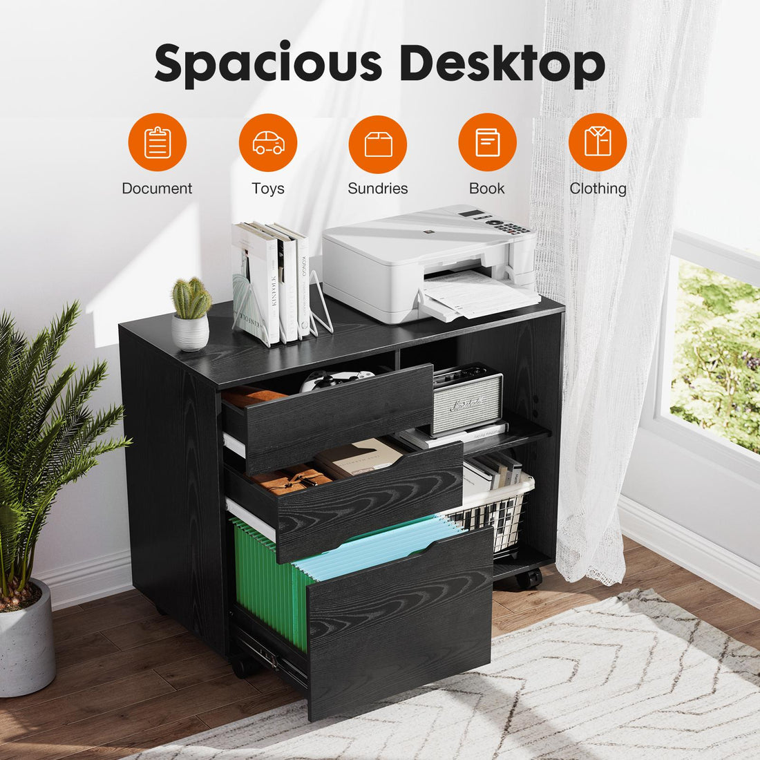 3 Drawer Filing Cabinet Wood Printer Stand with Storage Office Organize Cabinets with Wheels