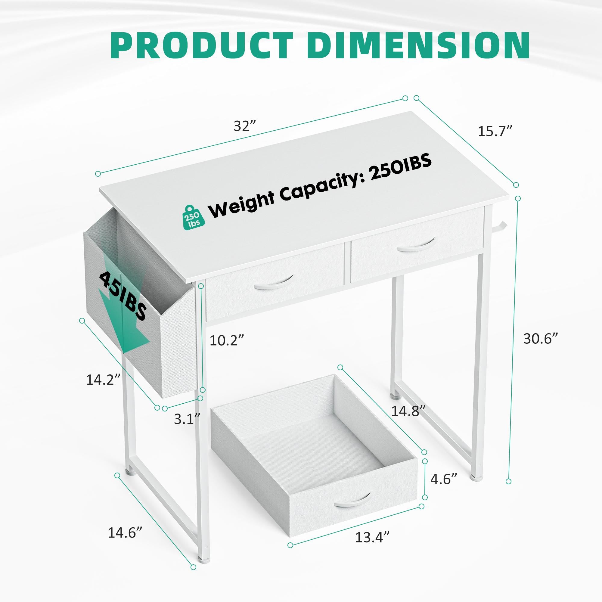 Computer Desk Small Home Office Bedroom Writing Study PC Table with Storage Space Fabric Side Bag Headphone Hook Metal Frame Adjustable