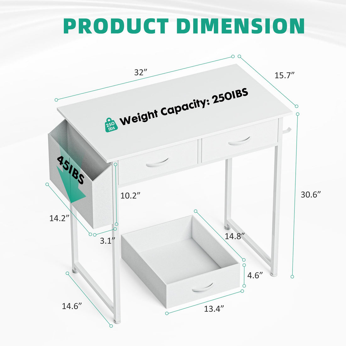 Computer Desk Small Home Office Bedroom Writing Study PC Table with Storage Space Fabric Side Bag Headphone Hook Metal Frame Adjustable