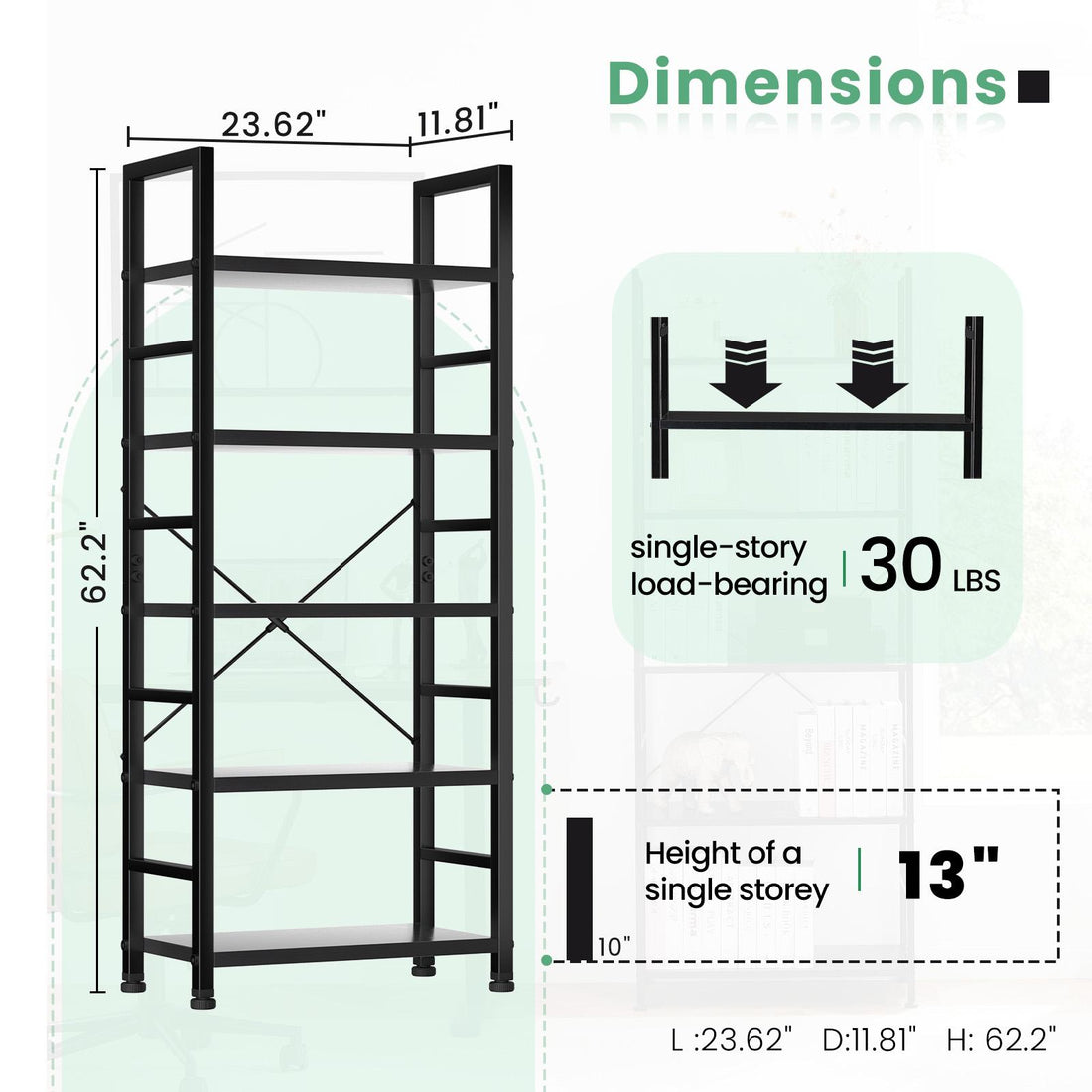5 Tiers Bookshelf, Classically Modern Book Shelf, Book Rack, Storage Rack Shelves in Living Room/Home/Office