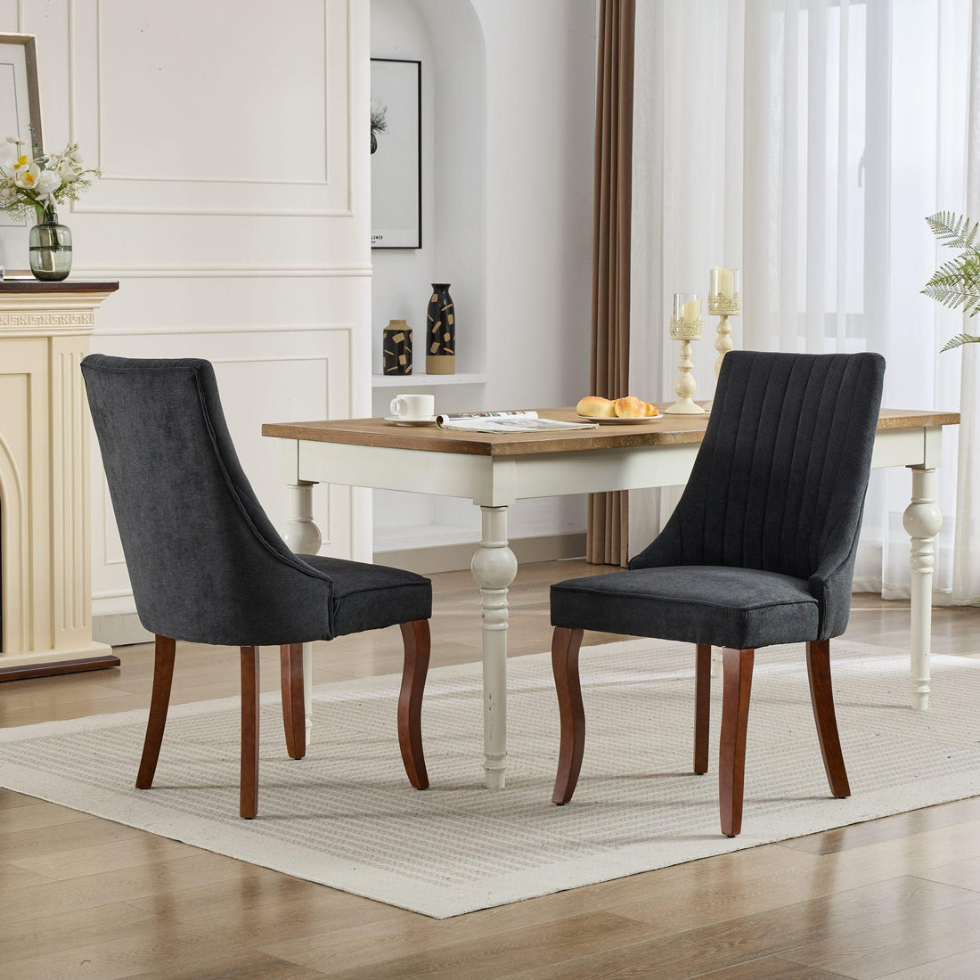 Rayon Cloth Flocking Linen Dining Chairs  Comfy Fabric Upholstered Accent Chair for Dining Room with Curved Solid Wood Legs,Set of 2