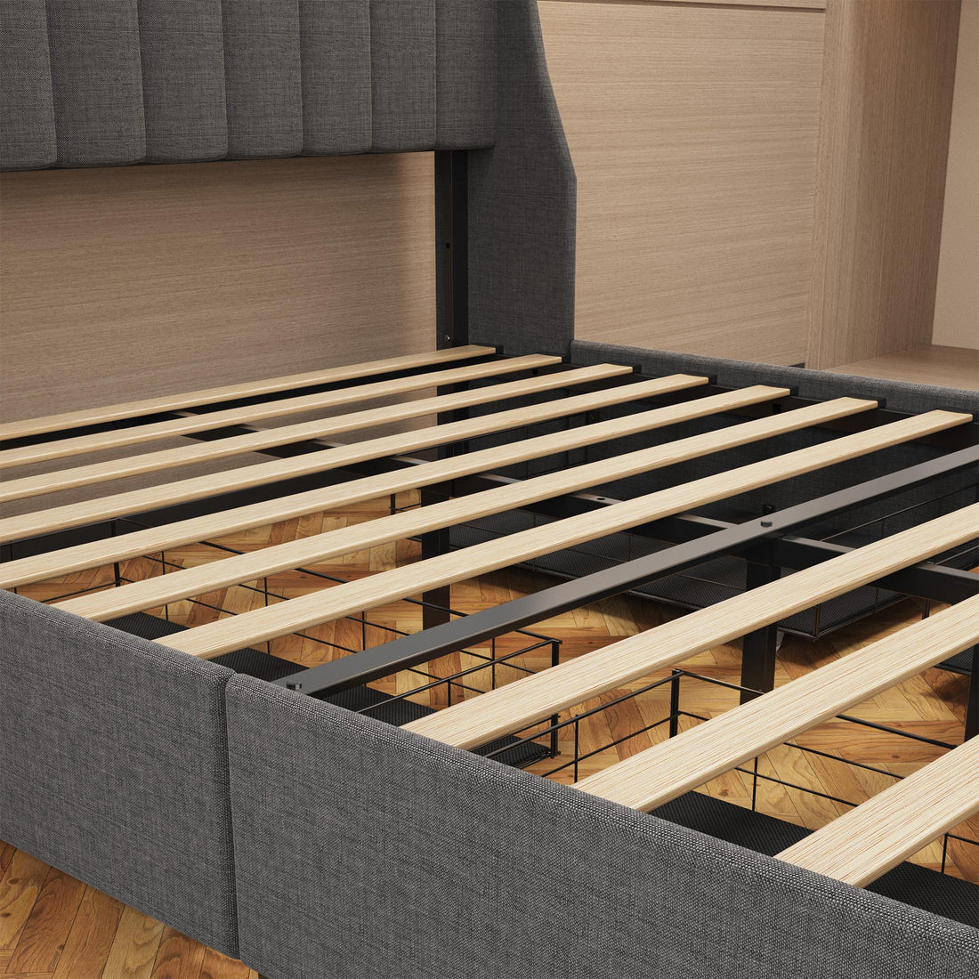Full-size LED bed frame with winged headboard design for extra storage space