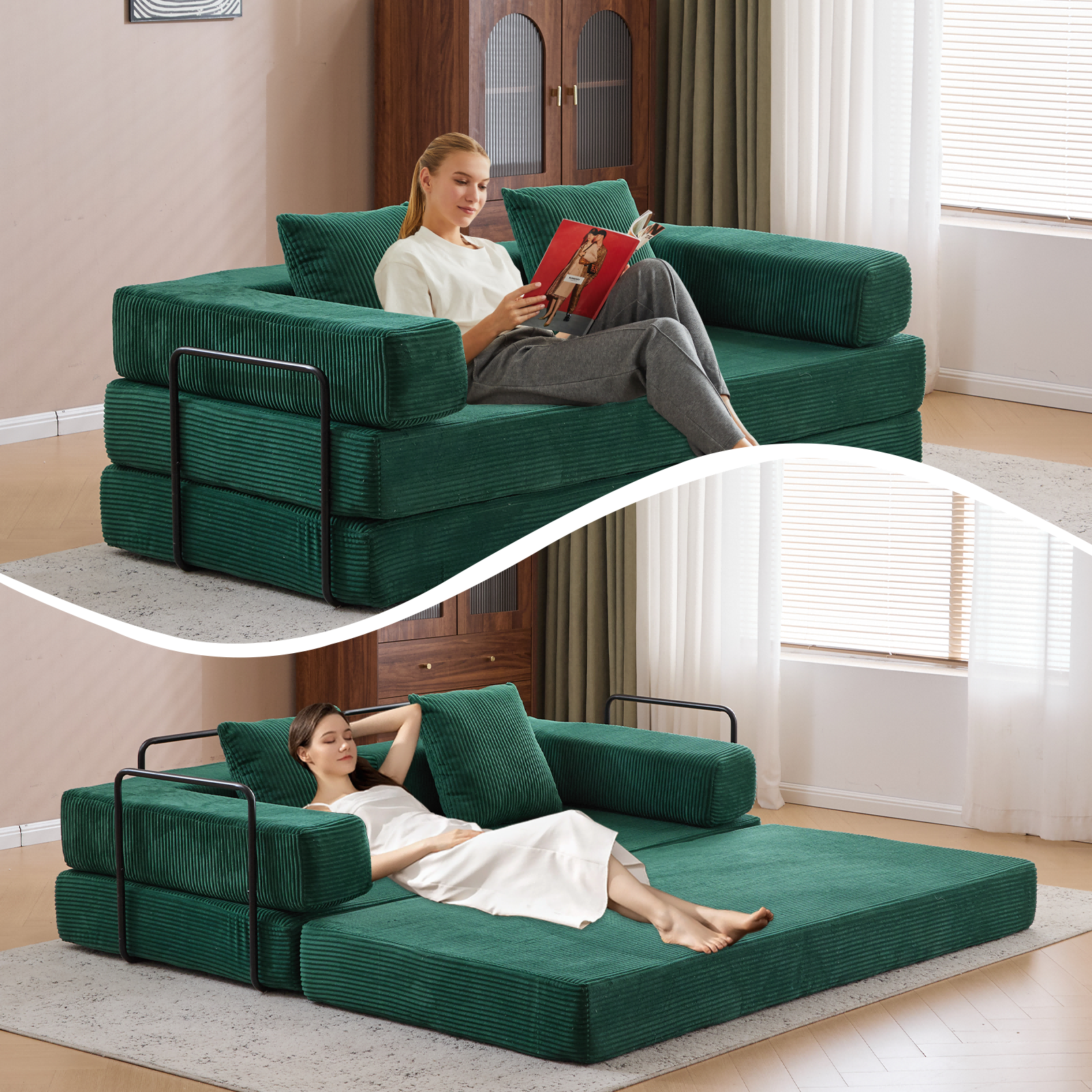 Floor Couch,Compression Sofa,Convertible Floor Sofa Bed-with Pillow Back Support Armrest,Comfy Futon Couch Lounge Sleeper Bed,Flannel fabric,for Livin