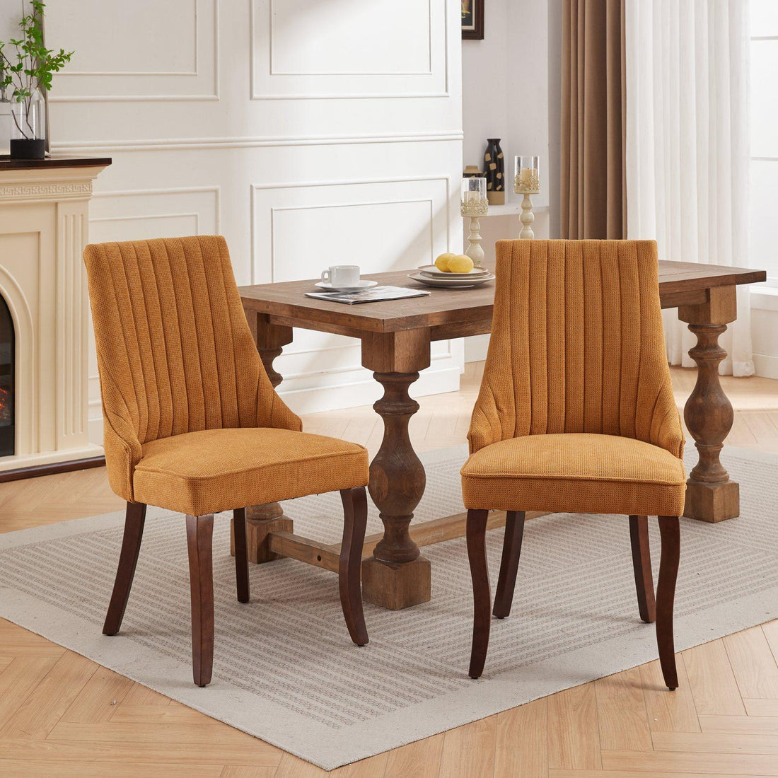Rayon Cloth Flocking Linen Dining Chairs  Comfy Fabric Upholstered Accent Chair for Dining Room with Curved Solid Wood Legs,Set of 2