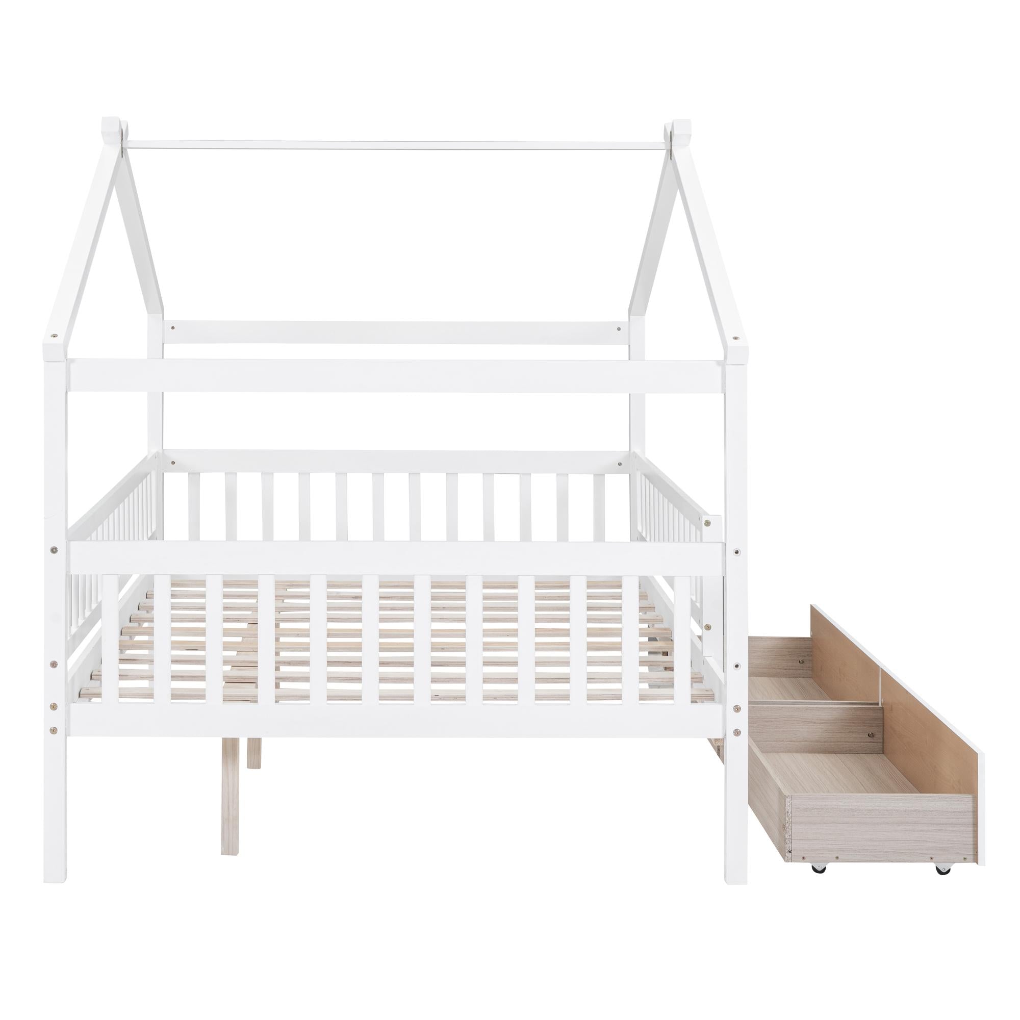 Full Size Wooden House Bed with Two Drawers