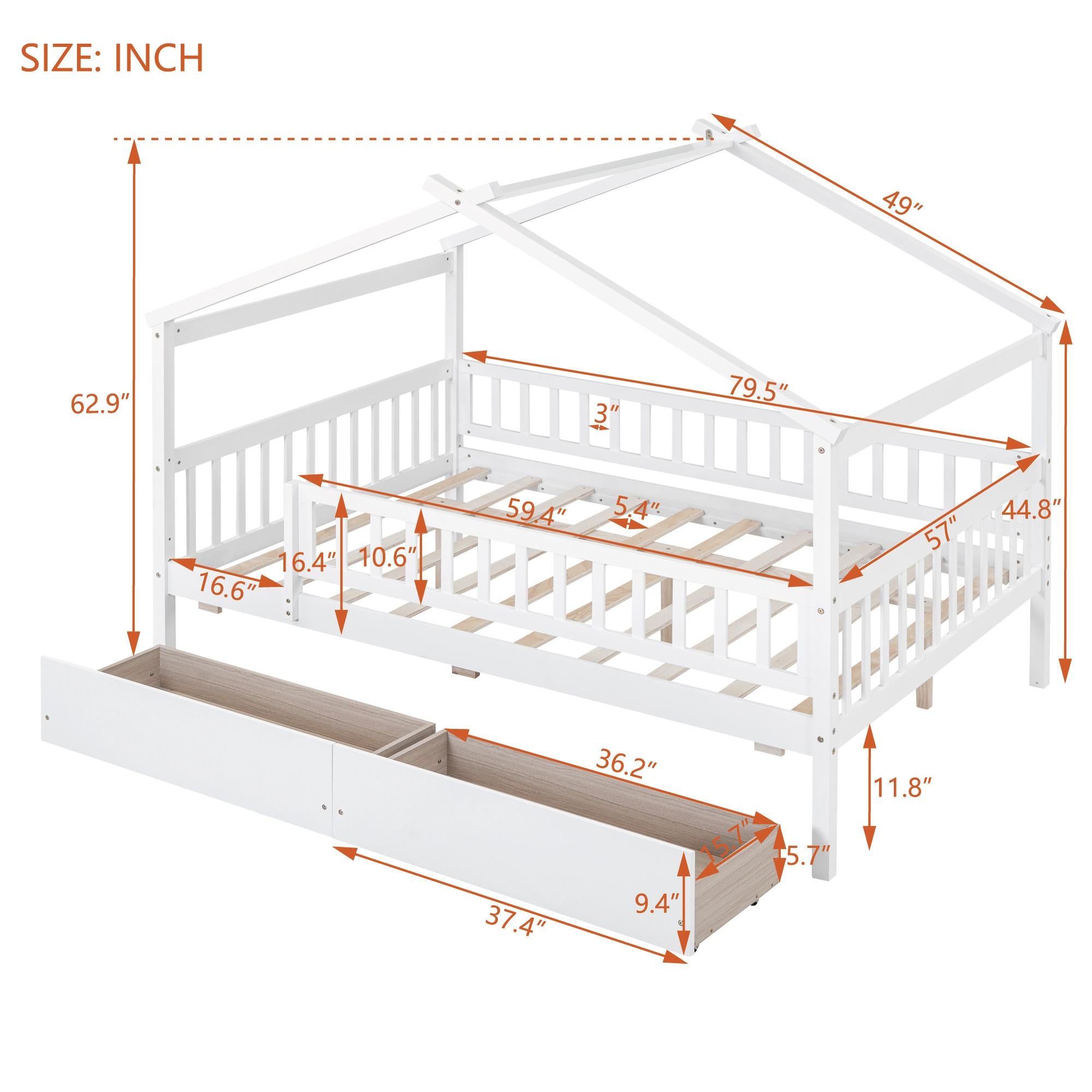 Full Size Wooden House Bed with Two Drawers
