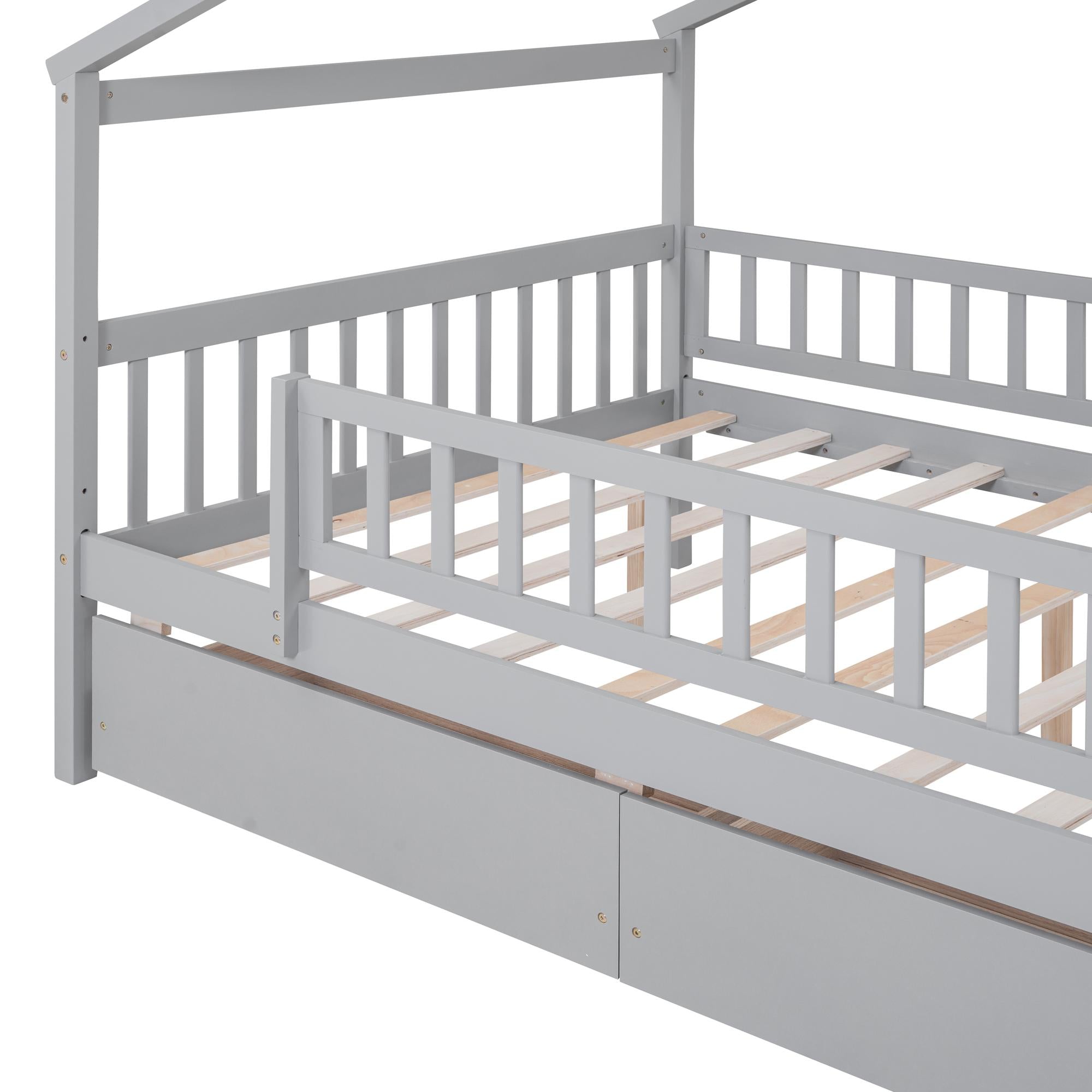 Full Size Wooden House Bed with Two Drawers