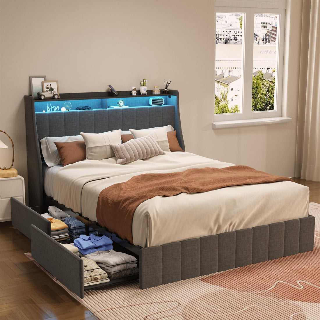 Full-size LED bed frame with winged headboard design for extra storage space