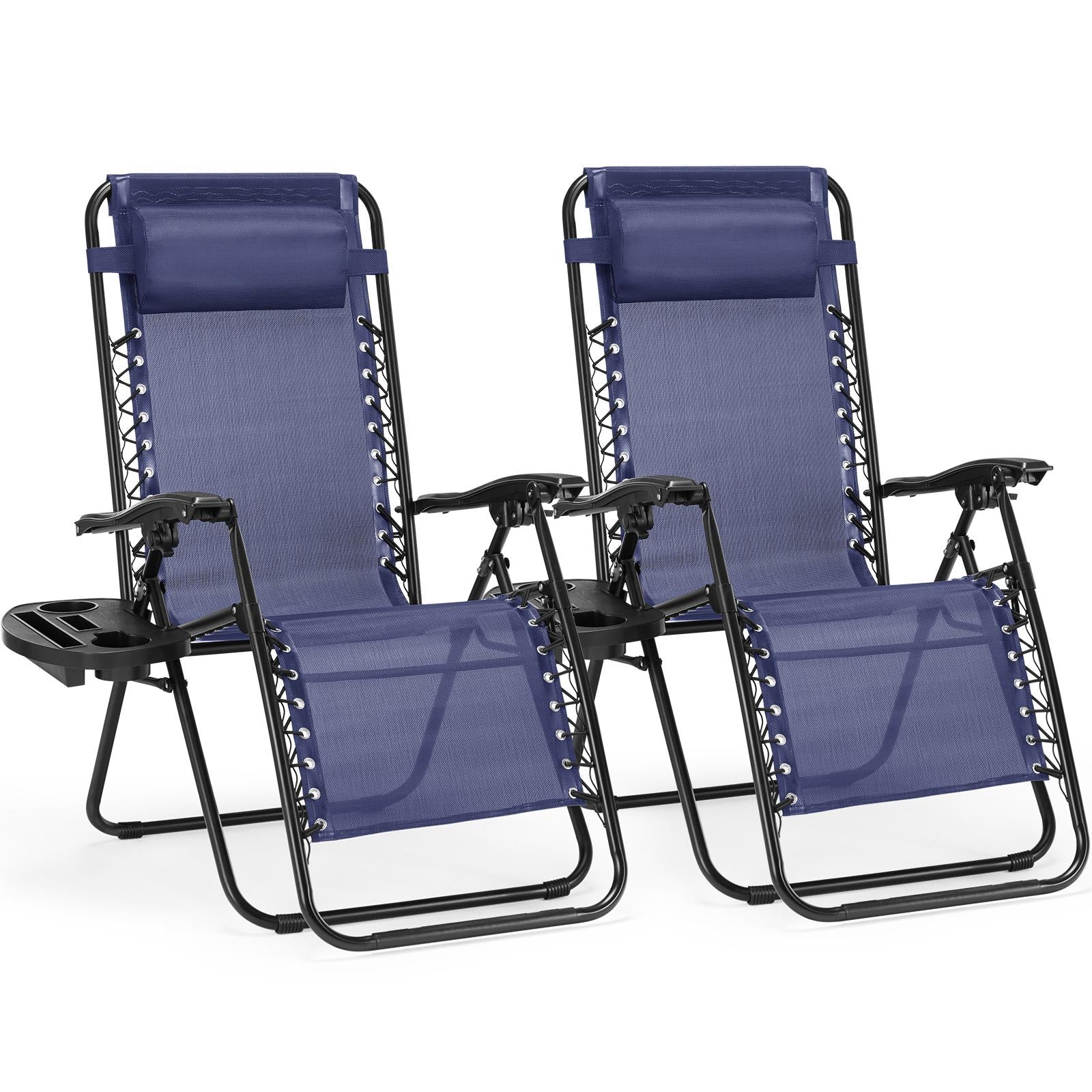 Set of 2 Zero Cravity Lounge Chairs,Outdoor Patio Folding Recliners for Pool Beach with Pillow and Cup Holder, Black