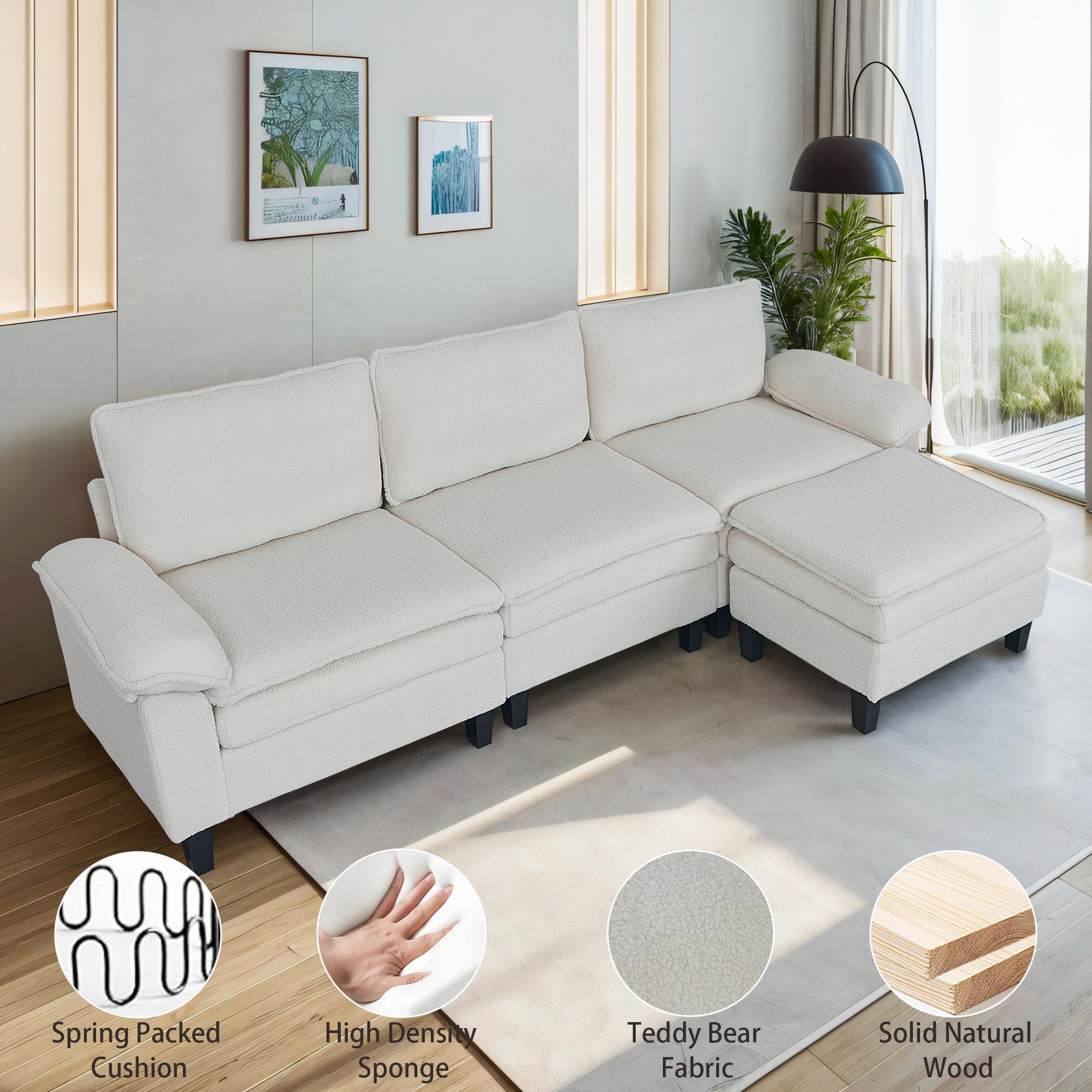 3-Seater Modular Sofa with Ottoman - Teddy Velvet, Solid Wood & Spring Cushion, Double-Layered Seat for Living Room