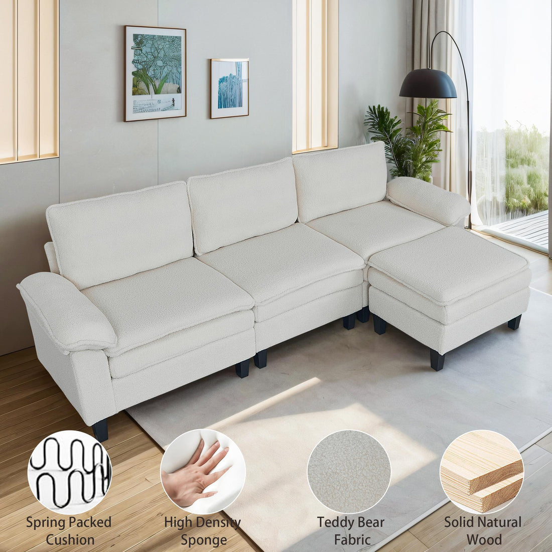 3-Seater Modular Sofa with Ottoman - Teddy Velvet, Solid Wood & Spring Cushion, Double-Layered Seat for Living Room