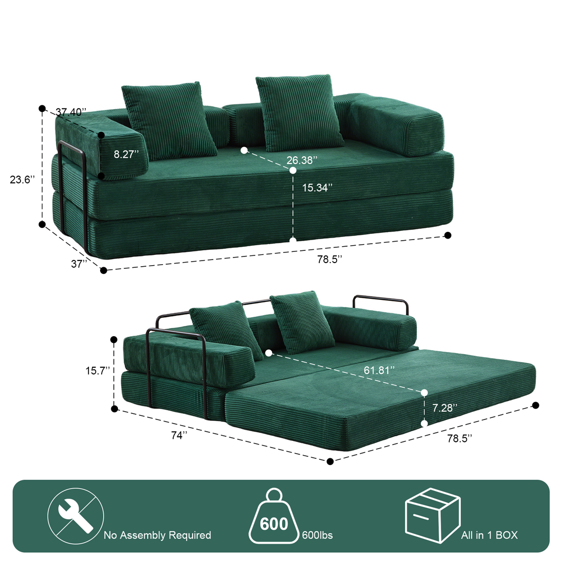 Floor Couch,Compression Sofa,Convertible Floor Sofa Bed-with Pillow Back Support Armrest,Comfy Futon Couch Lounge Sleeper Bed,Flannel fabric,for Livin