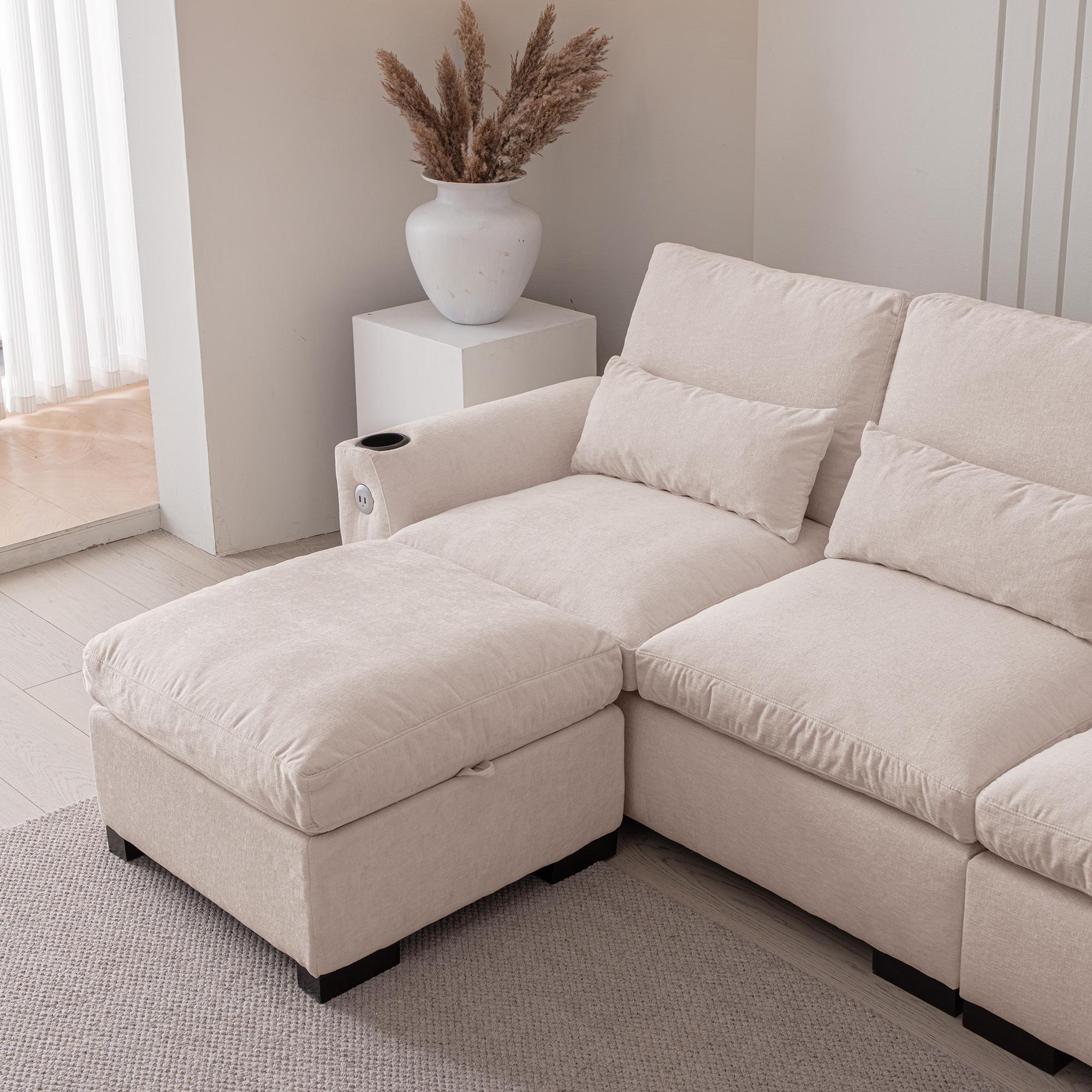 114.5"Modern L Shaped Chenille Sofa Couch Reversible Ottoman With Storage Removable and Washable Cushions Sofa With USB Ports & Cup Holder For Living