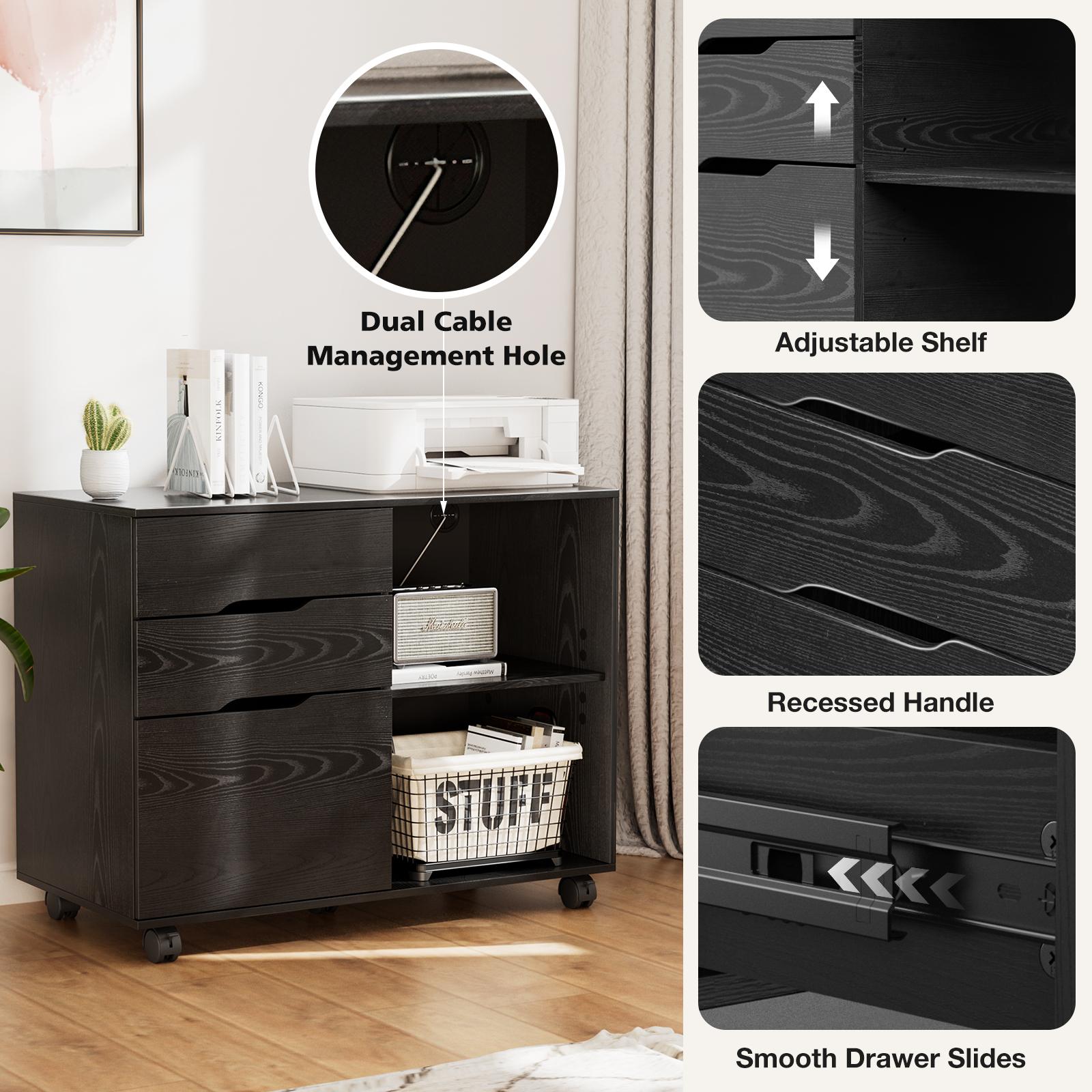 3 Drawer Filing Cabinet Wood Printer Stand with Storage Office Organize Cabinets with Wheels