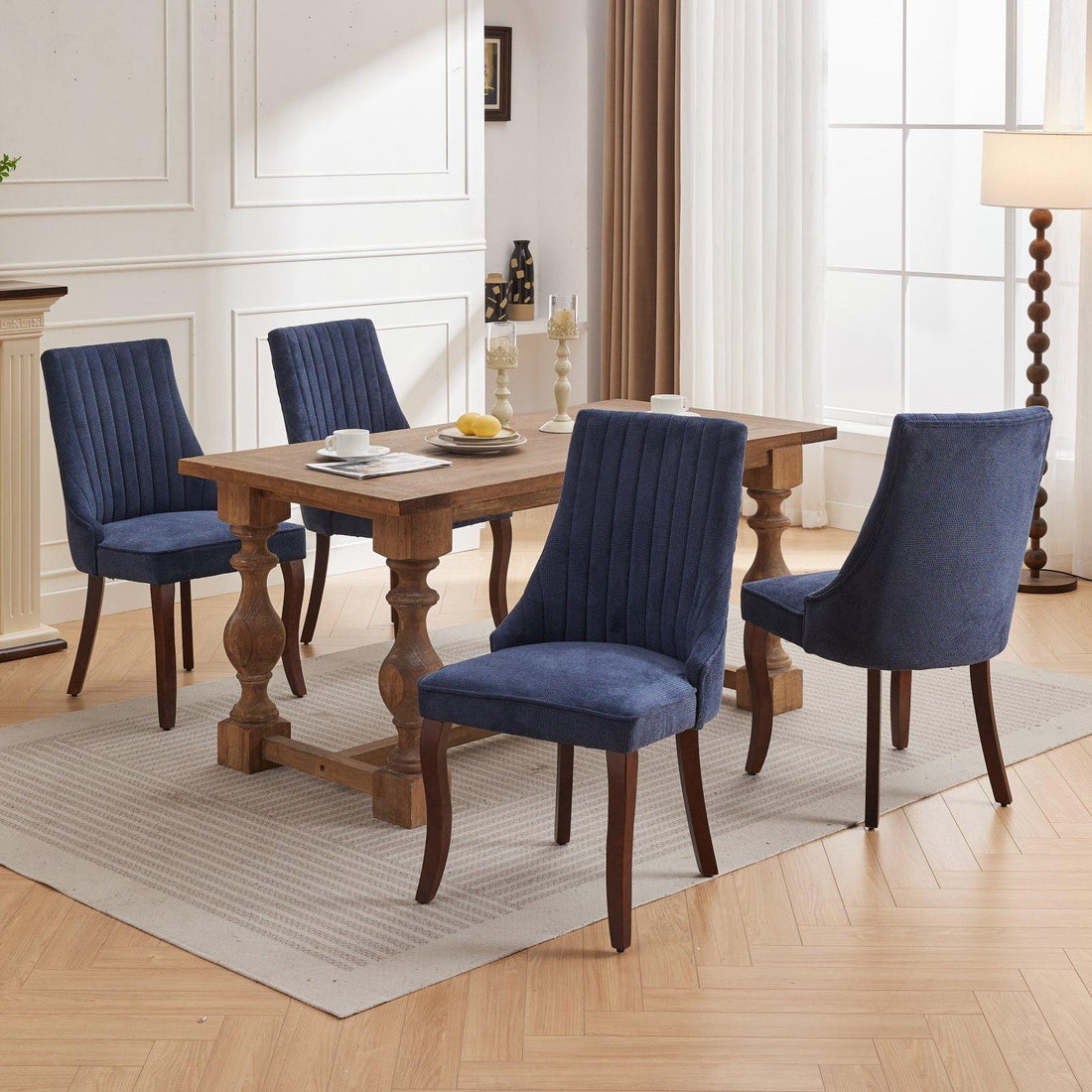 Rayon Cloth Flocking Linen Dining Chairs  Comfy Fabric Upholstered Accent Chair for Dining Room with Curved Solid Wood Legs,Set of 2